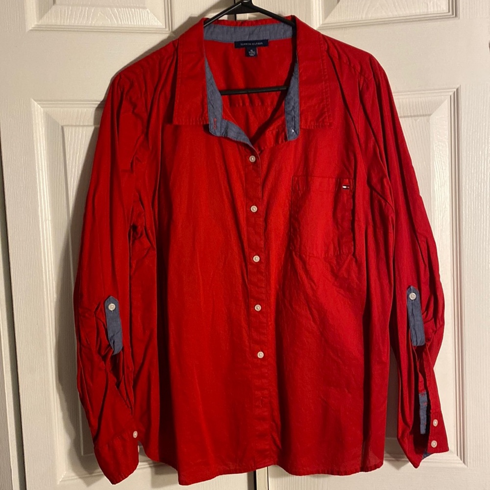 Tommy Hilfiger women’s red button down shirt.